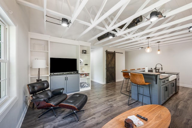 1132 Bancroft Ln, Goode, VA 24556 - living area featuring a barn door, dark wood-style floors, and baseboards