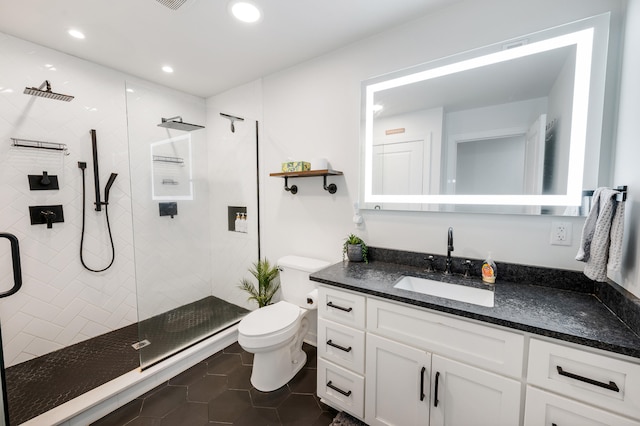 1132 Bancroft Ln, Goode, VA 24556 - bathroom featuring vanity, toilet, tiled shower, tile patterned flooring, and recessed lighting