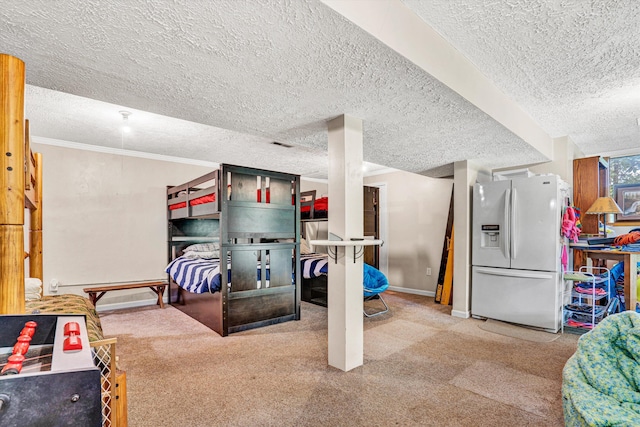 508 Hemlock Shores Dr, Goodview, VA 24095 - carpeted bedroom with white fridge with ice dispenser, a textured ceiling, baseboards, and ornamental molding