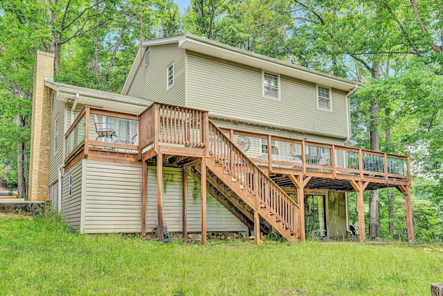 508 Hemlock Shores Dr, Goodview, VA 24095 - rear view of property featuring a deck, a chimney, stairs, and a yard