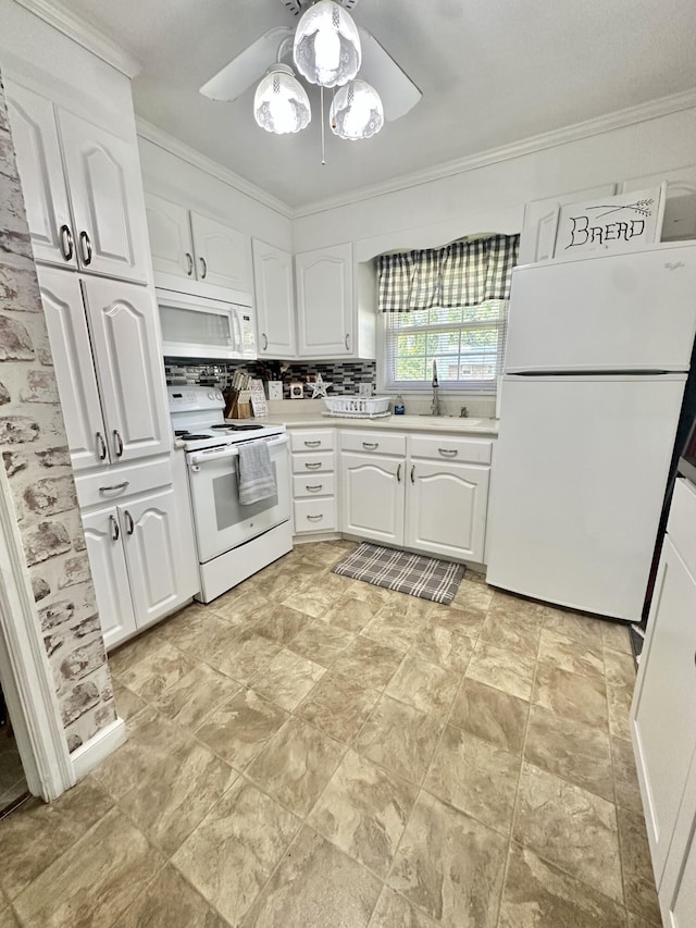 104 Wintergreen Ave, Clifton Forge, VA 24422 - kitchen with white appliances, ceiling fan, crown molding, white cabinetry, and light countertops