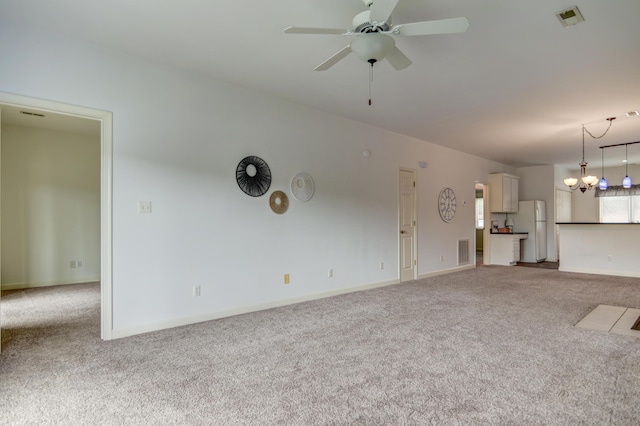 1103 Mariners Way Unit 5, Huddleston, VA 24104 - unfurnished living room featuring carpet flooring, a chandelier, ceiling fan, and baseboards