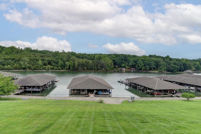 1103 Mariners Way Unit 5, Huddleston, VA 24104 - dock with a water view, a wooded view, boat lift, and a lawn