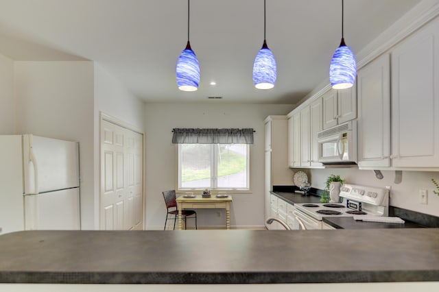 1103 Mariners Way Unit 5, Huddleston, VA 24104 - kitchen featuring white appliances, dark countertops, decorative light fixtures, and white cabinets