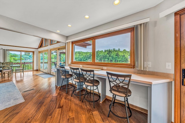 510 Crestview Rd, Wirtz, VA 24184 - dining space with wood finished floors, recessed lighting, vaulted ceiling, and baseboards