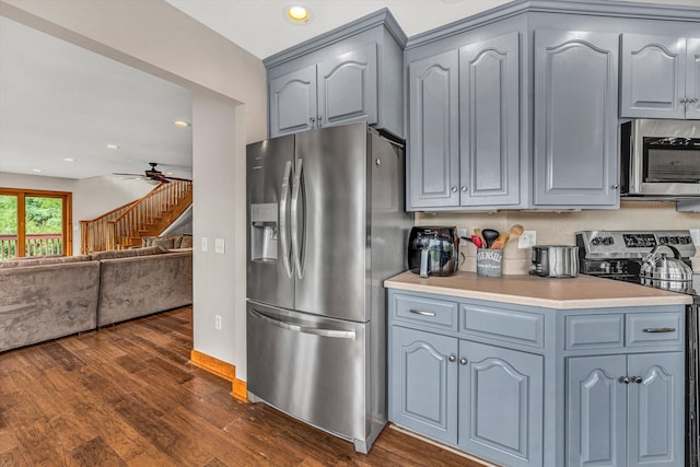 510 Crestview Rd, Wirtz, VA 24184 - kitchen featuring stainless steel appliances, gray cabinetry, dark wood-style floors, light countertops, and recessed lighting