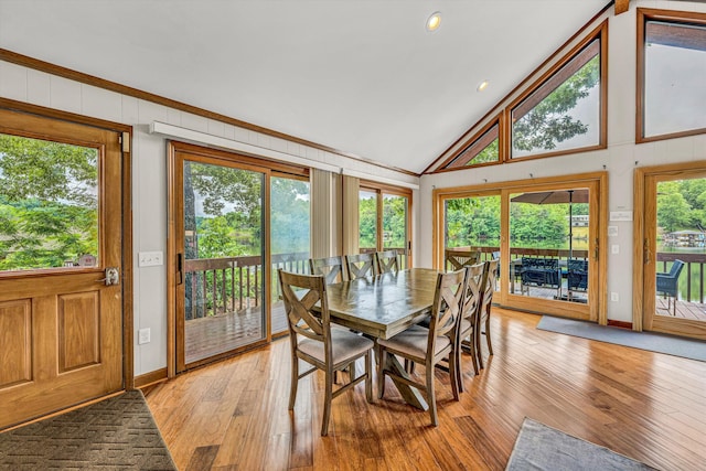 510 Crestview Rd, Wirtz, VA 24184 - dining area with light wood-style floors, baseboards, high vaulted ceiling, and recessed lighting