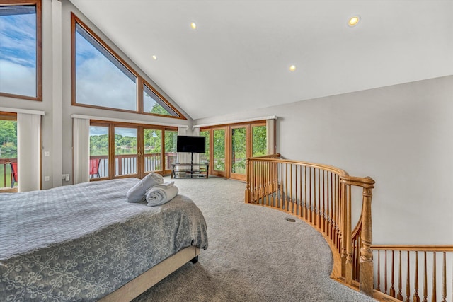 510 Crestview Rd, Wirtz, VA 24184 - bedroom with carpet floors, access to exterior, high vaulted ceiling, and recessed lighting