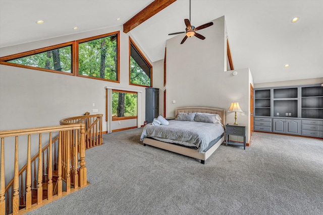 510 Crestview Rd, Wirtz, VA 24184 - bedroom featuring carpet flooring, high vaulted ceiling, beamed ceiling, recessed lighting, and baseboards