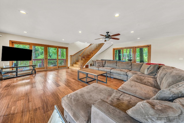 510 Crestview Rd, Wirtz, VA 24184 - living area featuring recessed lighting, ceiling fan, stairs, and wood finished floors