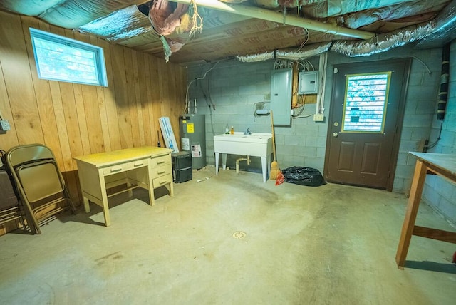 1978 Laurel Creek Rd NE, Pilot, VA 24138 - below grade area featuring electric panel, water heater, concrete block wall, wood walls, and a sink