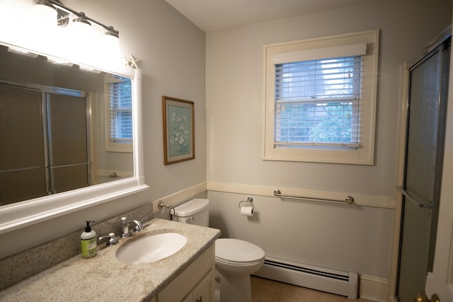 1810 Windsor Ave SW, Roanoke, VA 24015 - full bath with a baseboard radiator, a shower with door, vanity, toilet, and tile patterned floors