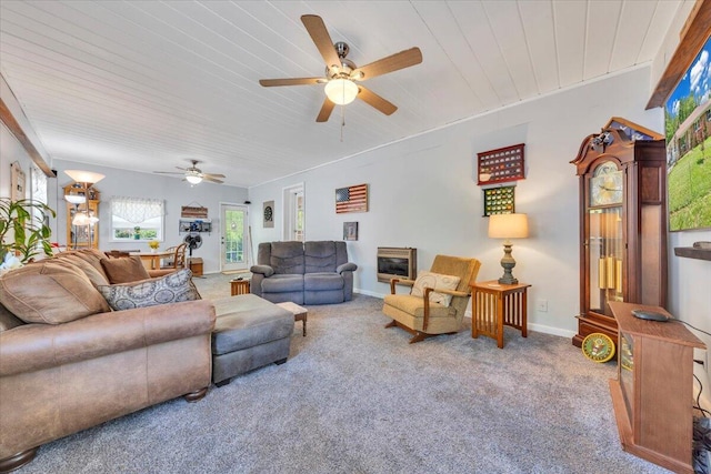 3135 Doe Run Rd, Rocky Mount, VA 24151 - carpeted living area with ceiling fan, wooden ceiling, and baseboards