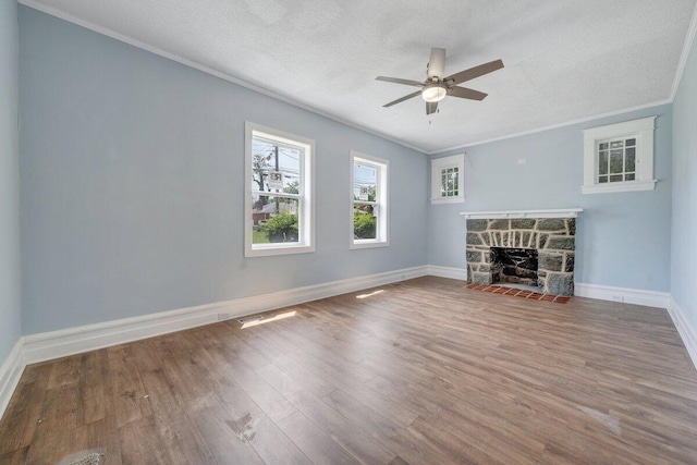 3311 Memorial Ave, Lynchburg, VA 24501 - unfurnished living room featuring ceiling fan, ornamental molding, wood finished floors, and a fireplace
