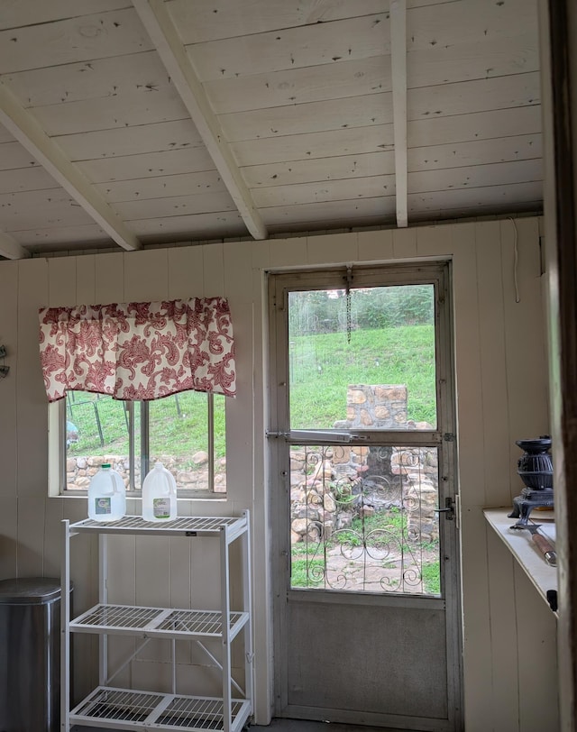 2221 W Main St, Salem, VA 24153 - doorway to outside with wood ceiling with exposed beams, plenty of natural light, and wooden walls