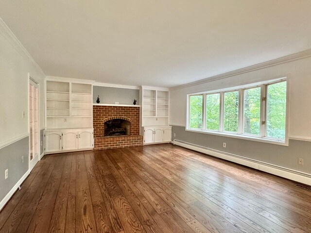 4867 Hunting Hills Dr, Roanoke, VA 24018 - unfurnished living room featuring a baseboard radiator, crown molding, dark wood-style flooring, built in features, and a brick fireplace