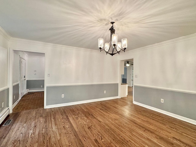 4867 Hunting Hills Dr, Roanoke, VA 24018 - unfurnished room featuring a baseboard radiator, a chandelier, wood finished floors, crown molding, and baseboards