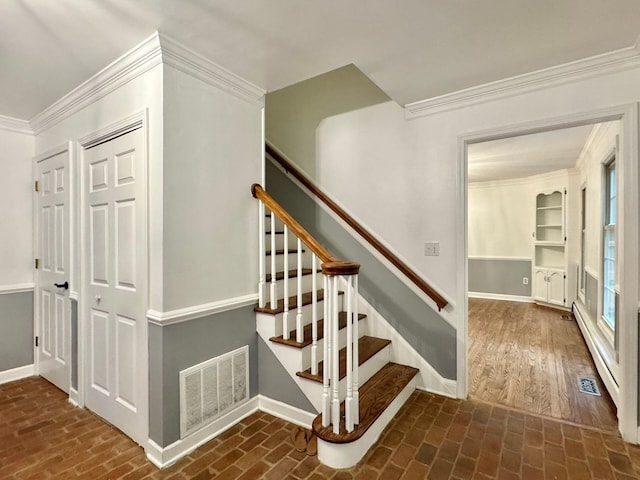 4867 Hunting Hills Dr, Roanoke, VA 24018 - stairs featuring brick flooring, baseboards, crown molding, and a baseboard radiator