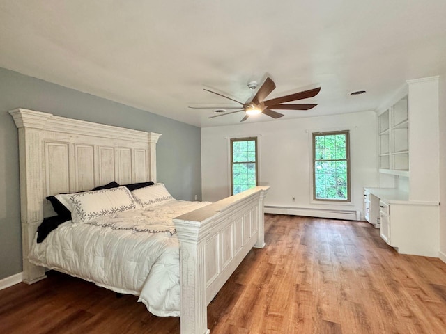4867 Hunting Hills Dr, Roanoke, VA 24018 - bedroom featuring a baseboard radiator, light wood-style flooring, ceiling fan, and baseboards
