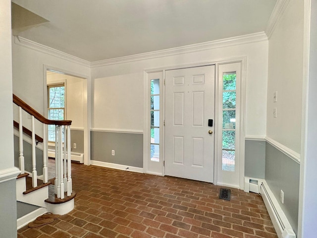 4867 Hunting Hills Dr, Roanoke, VA 24018 - entrance foyer featuring baseboard heating, brick floors, stairway, crown molding, and baseboards