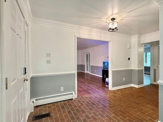 4867 Hunting Hills Dr, Roanoke, VA 24018 - spare room featuring baseboard heating, ornamental molding, brick patterned floors, baseboards, and a chandelier
