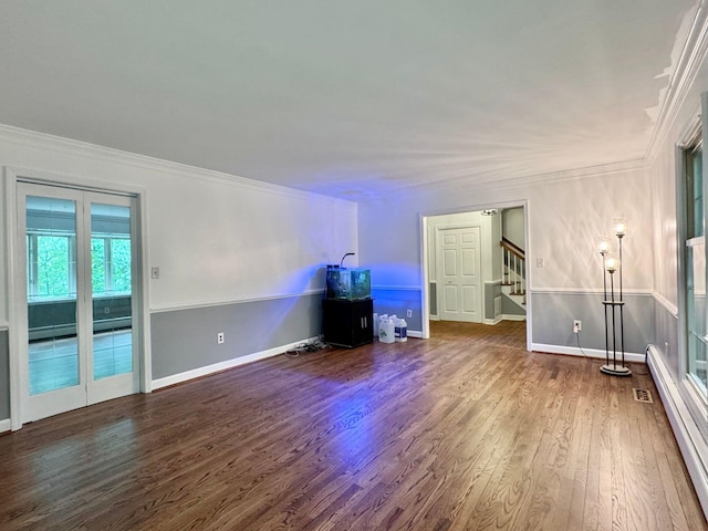 4867 Hunting Hills Dr, Roanoke, VA 24018 - unfurnished living room featuring stairs, wood finished floors, ornamental molding, baseboards, and a baseboard heating unit