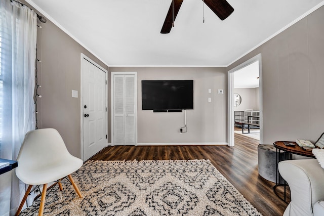 1465 Hardy Rd, Hardy, VA 24101 - living room with dark wood-style floors, a ceiling fan, crown molding, and baseboards