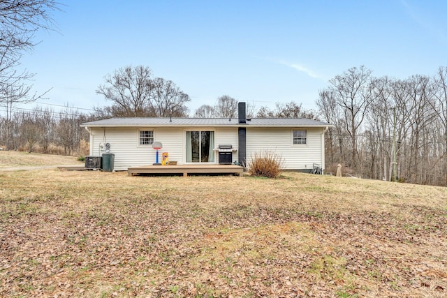 1465 Hardy Rd, Hardy, VA 24101 - rear view of property with metal roof, a wooden deck, a yard, a chimney, and central AC unit
