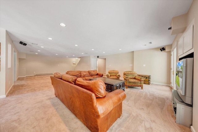 1425 Cravens Creek Ln SW, Roanoke, VA 24018 - living room featuring light carpet, recessed lighting, baseboards, and baseboard heating