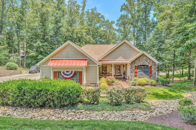 480 Winding Waters Dr, Moneta, VA 24121 - craftsman-style home with stone siding, a standing seam roof, metal roof, and covered porch