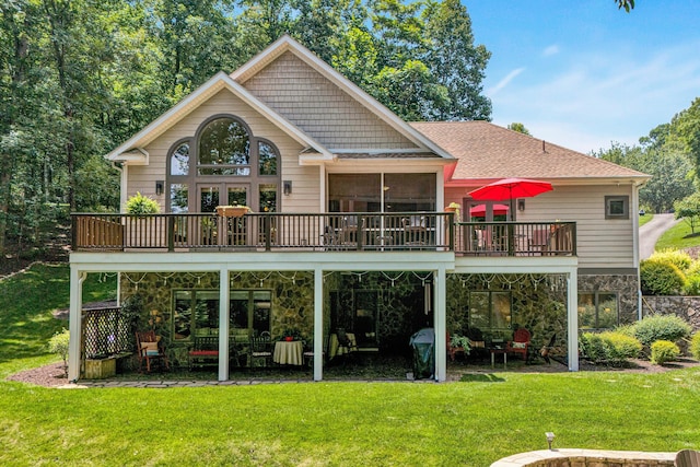 480 Winding Waters Dr, Moneta, VA 24121 - rear view of property featuring stone siding, a wooden deck, and a lawn