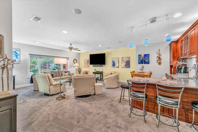 480 Winding Waters Dr, Moneta, VA 24121 - living room featuring ceiling fan, baseboards, recessed lighting, and light colored carpet