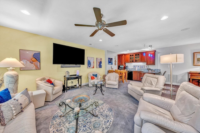 480 Winding Waters Dr, Moneta, VA 24121 - living area featuring ceiling fan, recessed lighting, light carpet, and baseboards