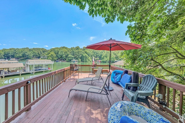 480 Winding Waters Dr, Moneta, VA 24121 - wooden deck with a water view, outdoor lounge area, and a wooded view