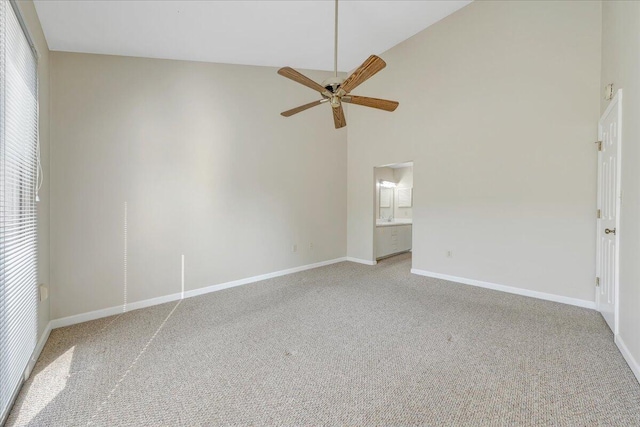 8506 Pine Hurst Cir, Roanoke, VA 24019 - empty room featuring a ceiling fan, carpet, high vaulted ceiling, and baseboards