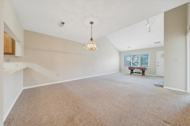 8506 Pine Hurst Cir, Roanoke, VA 24019 - unfurnished dining area with light colored carpet, baseboards, a chandelier, and lofted ceiling