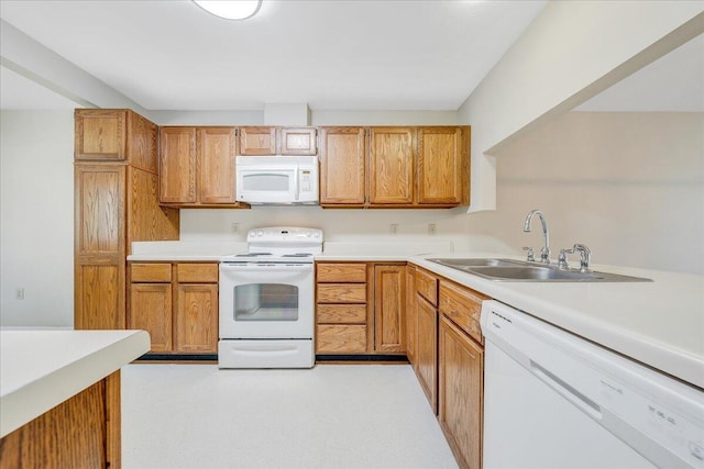 8506 Pine Hurst Cir, Roanoke, VA 24019 - kitchen with white appliances, a sink, light countertops, and brown cabinets