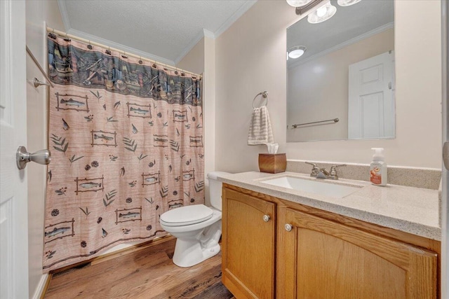 384 White Oak Ln, New Castle, VA 24127 - bathroom featuring ornamental molding, vanity, toilet, wood finished floors, and curtained shower