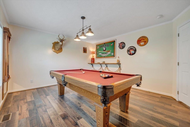 384 White Oak Ln, New Castle, VA 24127 - recreation room featuring wood finished floors, crown molding, pool table, baseboards, and a textured ceiling