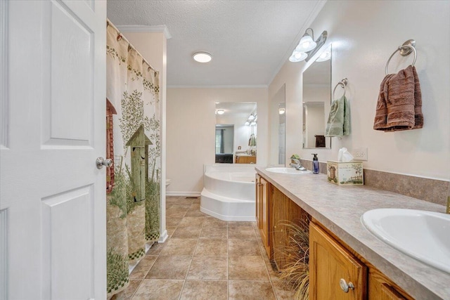 384 White Oak Ln, New Castle, VA 24127 - full bath featuring double vanity, ornamental molding, a bath, a textured ceiling, and toilet