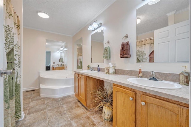 384 White Oak Ln, New Castle, VA 24127 - full bath with a textured ceiling, double vanity, a garden tub, crown molding, and tile patterned floors