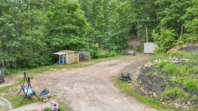 384 White Oak Ln, New Castle, VA 24127 - view of yard featuring a fire pit, a wooded view, and exterior structure