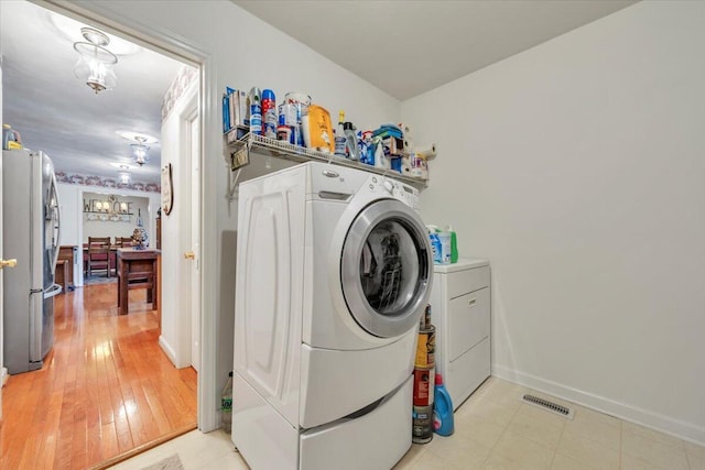 6119 Carolina Trl, Roanoke, VA 24019 - laundry room with washing machine and dryer, baseboards, and light wood-type flooring