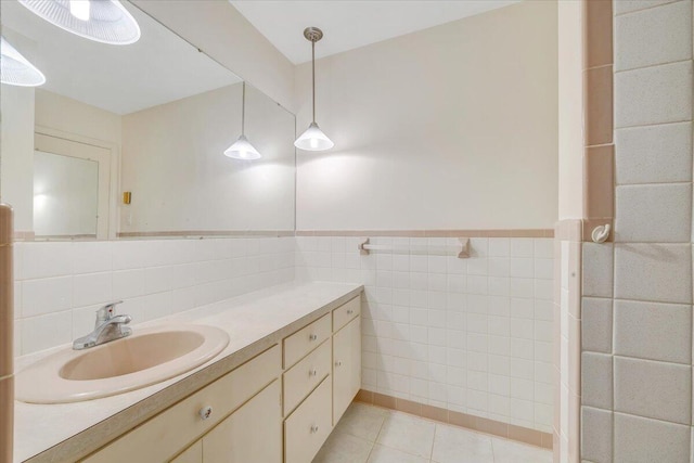 1207 Laymantown Rd, Troutville, VA 24175 - bathroom featuring tile walls, vanity, tile patterned flooring, and a wainscoted wall