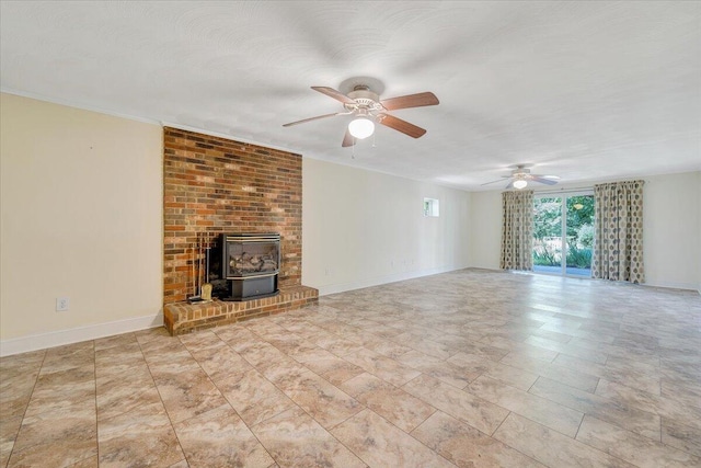 1207 Laymantown Rd, Troutville, VA 24175 - unfurnished living room with a wood stove, ceiling fan, and baseboards
