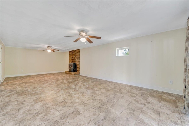 1207 Laymantown Rd, Troutville, VA 24175 - unfurnished living room featuring ceiling fan, a brick fireplace, and baseboards