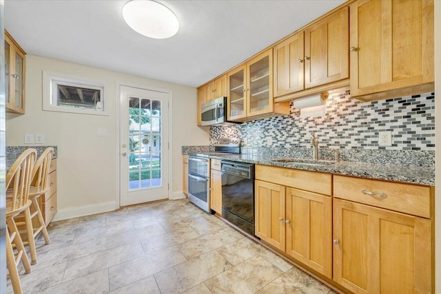 1207 Laymantown Rd, Troutville, VA 24175 - kitchen with appliances with stainless steel finishes, a sink, tasteful backsplash, baseboards, and stone counters
