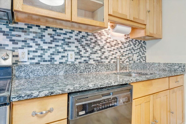 1207 Laymantown Rd, Troutville, VA 24175 - kitchen with stainless steel dishwasher, a sink, light brown cabinetry, tasteful backsplash, and glass insert cabinets