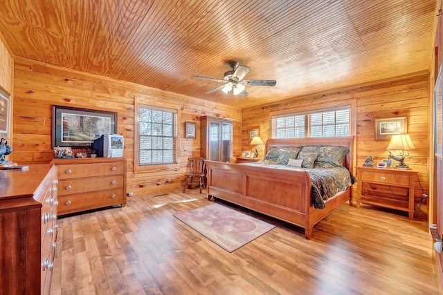 1644 Long Branch Hill Rd, Ferrum, VA 24088 - bedroom with wooden walls, multiple windows, light wood-style flooring, wooden ceiling, and a ceiling fan