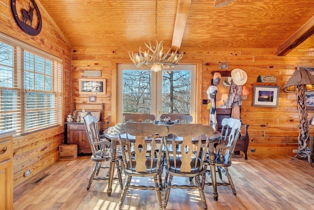 1644 Long Branch Hill Rd, Ferrum, VA 24088 - dining room with a chandelier, wood ceiling, plenty of natural light, wooden walls, and light wood-style flooring